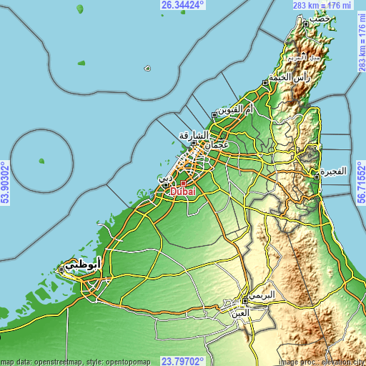 Topographic map of Dubai