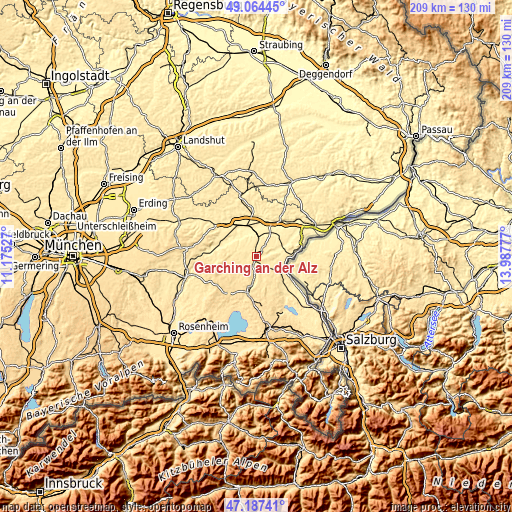 Topographic map of Garching an der Alz