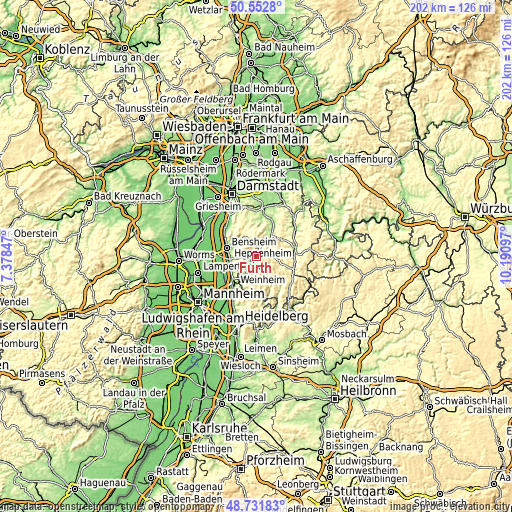 Topographic map of Fürth