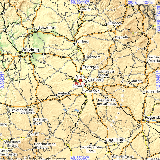 Topographic map of Fürth