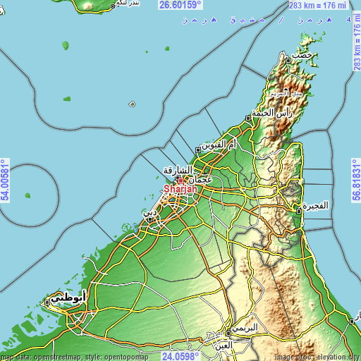 Topographic map of Sharjah