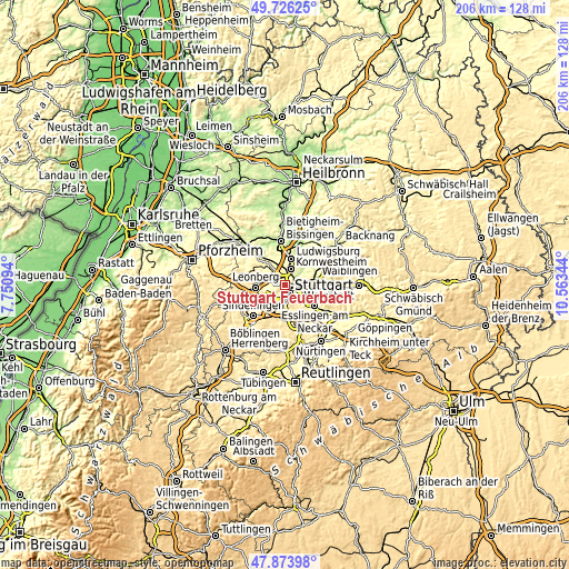 Topographic map of Stuttgart Feuerbach