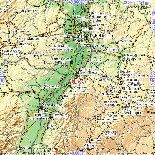 Topographic map of Ettlingen