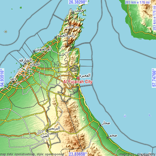 Topographic map of Al Fujairah City