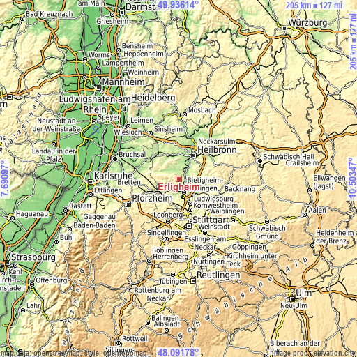 Topographic map of Erligheim