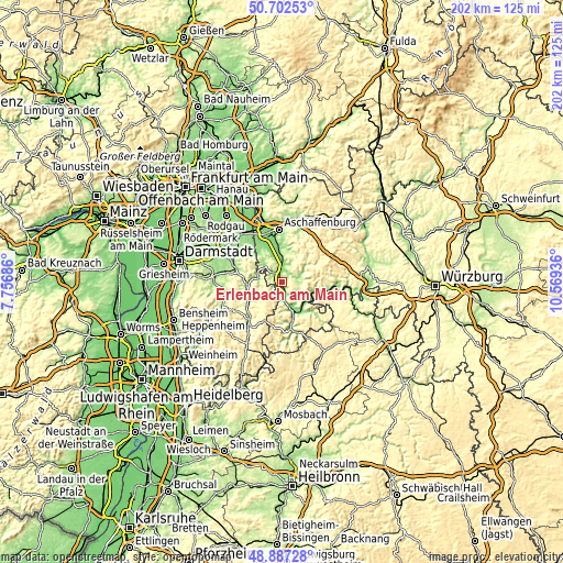 Topographic map of Erlenbach am Main