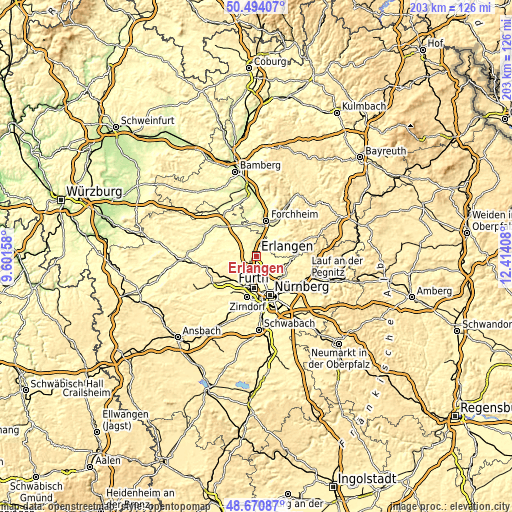 Topographic map of Erlangen