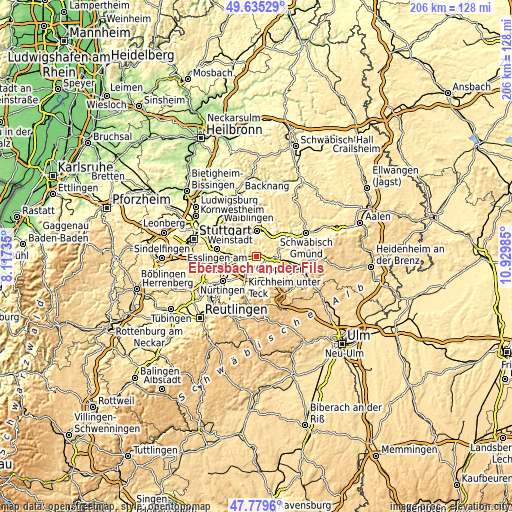 Topographic map of Ebersbach an der Fils