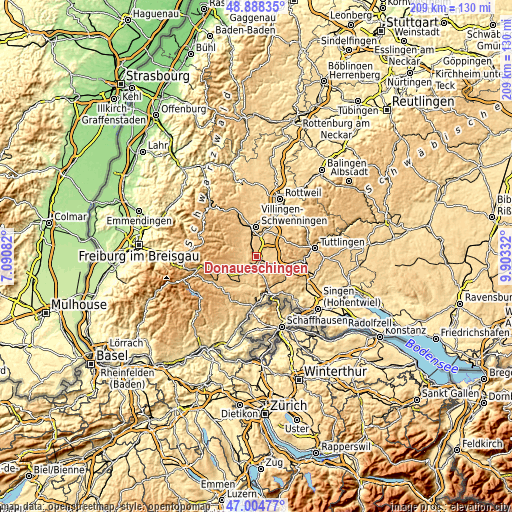 Topographic map of Donaueschingen