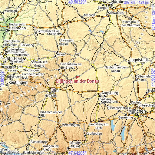 Topographic map of Dillingen an der Donau