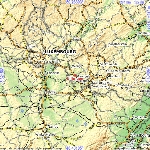 Topographic map of Dillingen