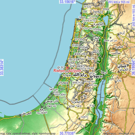 Topographic map of Rishon LeẔiyyon