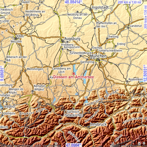 Topographic map of Dießen am Ammersee