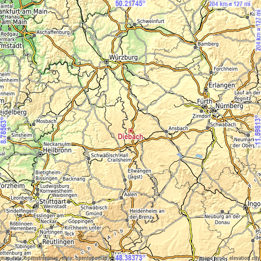 Topographic map of Diebach