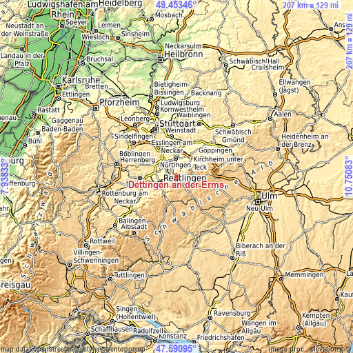 Topographic map of Dettingen an der Erms
