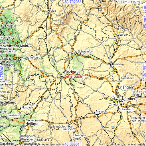 Topographic map of Dettelbach