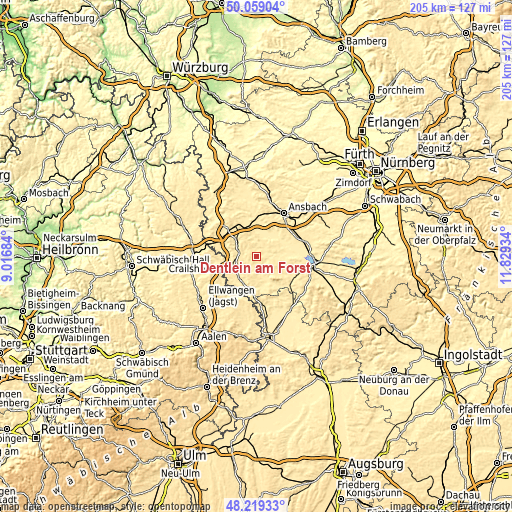 Topographic map of Dentlein am Forst