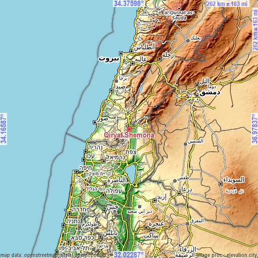 Topographic map of Qiryat Shemona
