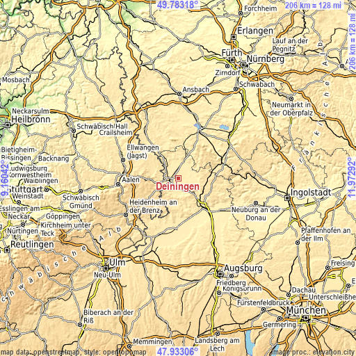 Topographic map of Deiningen