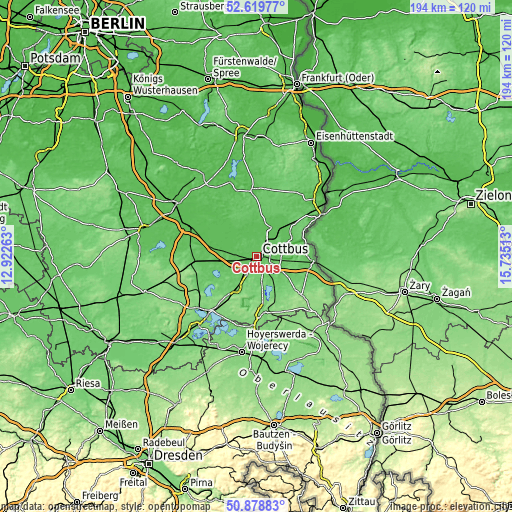 Topographic map of Cottbus