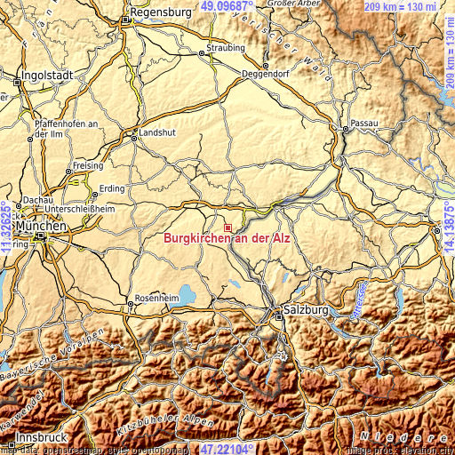 Topographic map of Burgkirchen an der Alz