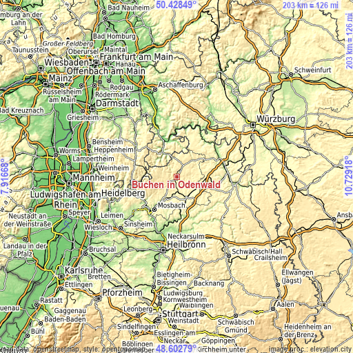 Topographic map of Buchen in Odenwald