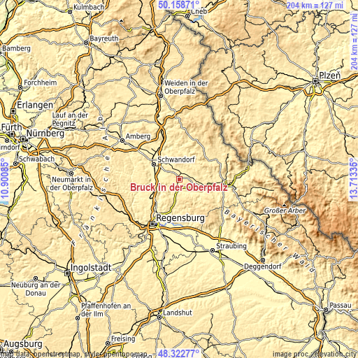 Topographic map of Bruck in der Oberpfalz