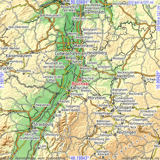 Topographic map of Bruchsal