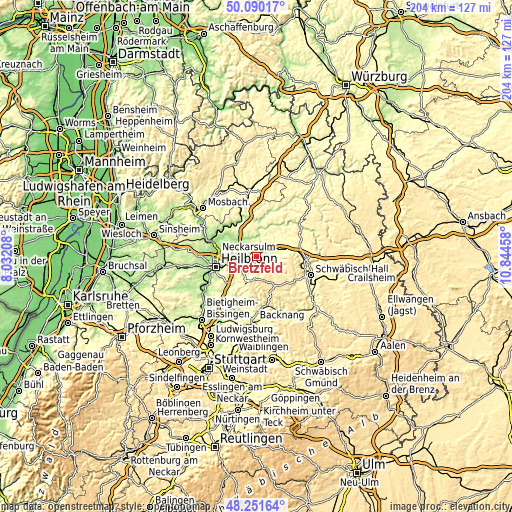 Topographic map of Bretzfeld