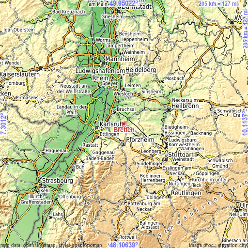 Topographic map of Bretten