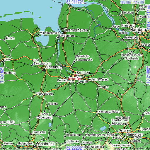 Topographic map of Bremen