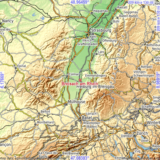 Topographic map of Breisach am Rhein