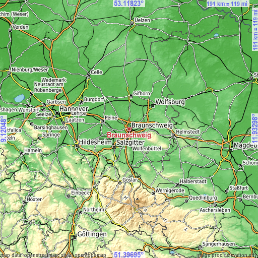 Topographic map of Braunschweig
