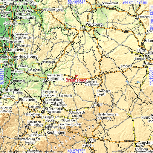 Topographic map of Braunsbach