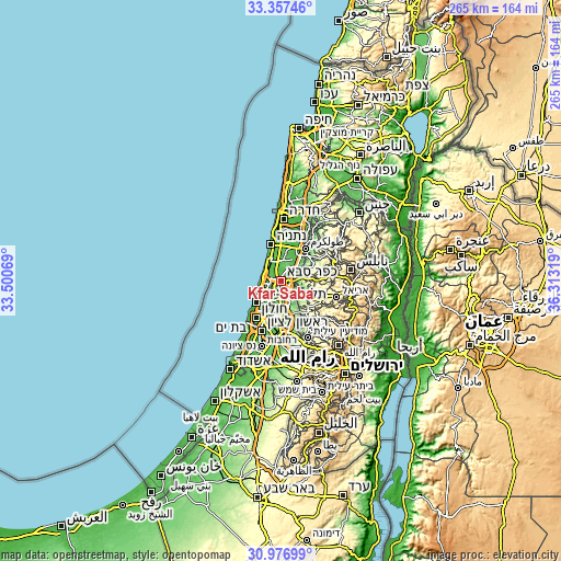 Topographic map of Kfar Saba