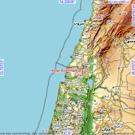 Topographic map of Kefar Rosh HaNiqra
