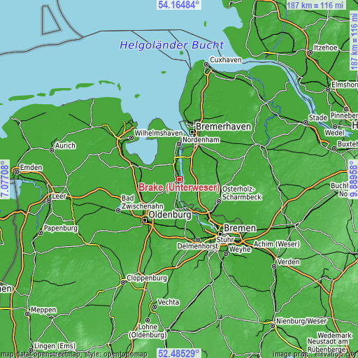Topographic map of Brake (Unterweser)