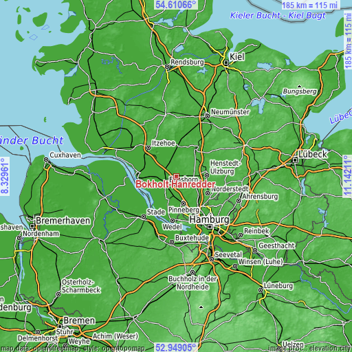 Topographic map of Bokholt-Hanredder