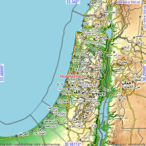 Topographic map of Hod HaSharon