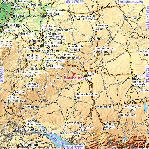 Topographic map of Blaubeuren