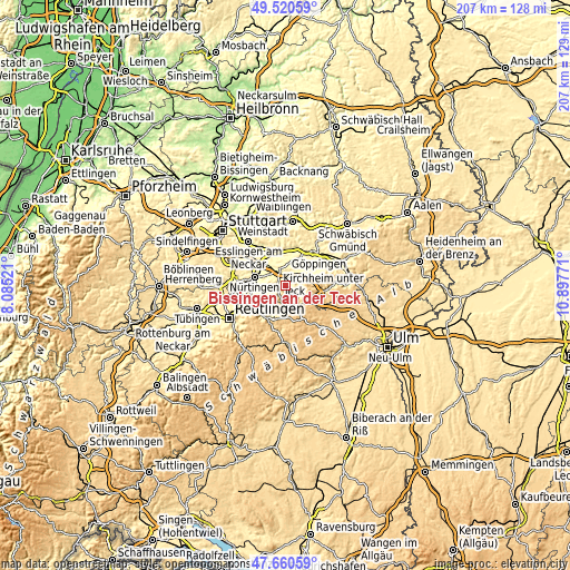 Topographic map of Bissingen an der Teck