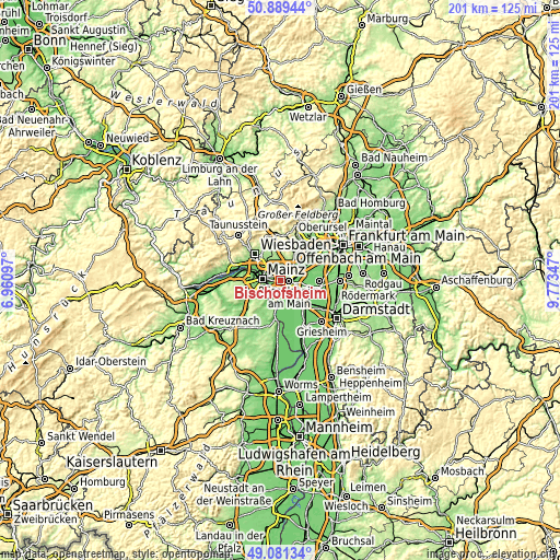 Topographic map of Bischofsheim