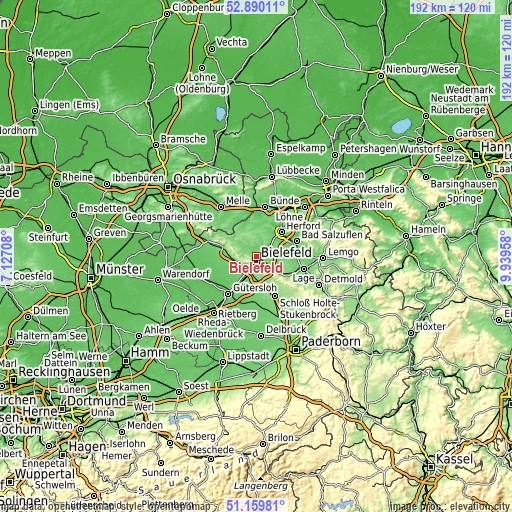 Topographic map of Bielefeld