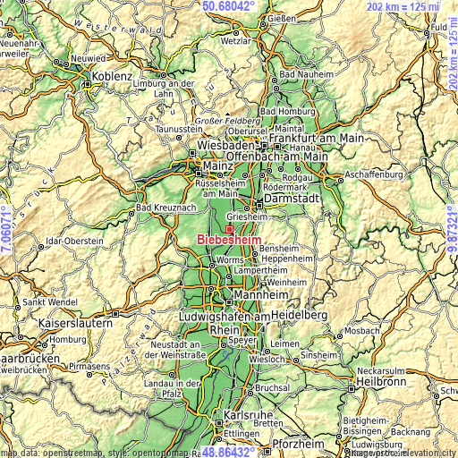 Topographic map of Biebesheim