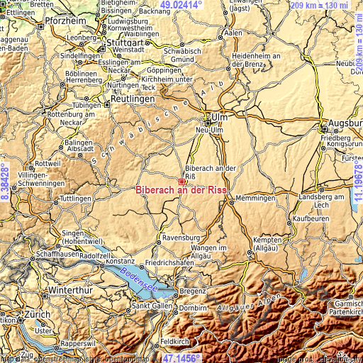 Topographic map of Biberach an der Riß