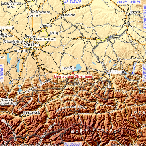 Topographic map of Bernau am Chiemsee