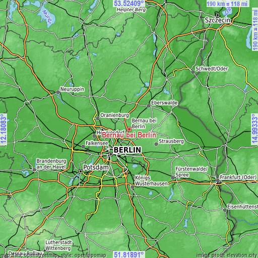 Topographic map of Bernau bei Berlin