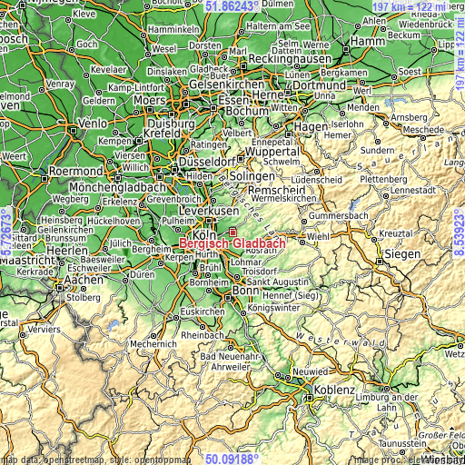 Topographic map of Bergisch Gladbach
