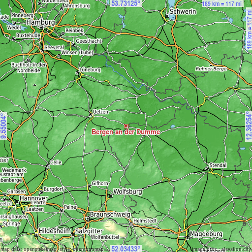 Topographic map of Bergen an der Dumme