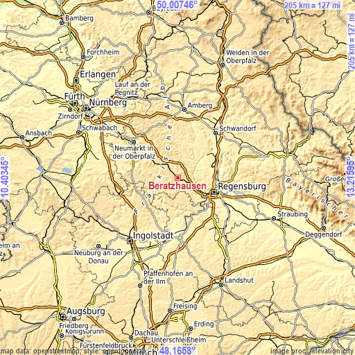 Topographic map of Beratzhausen